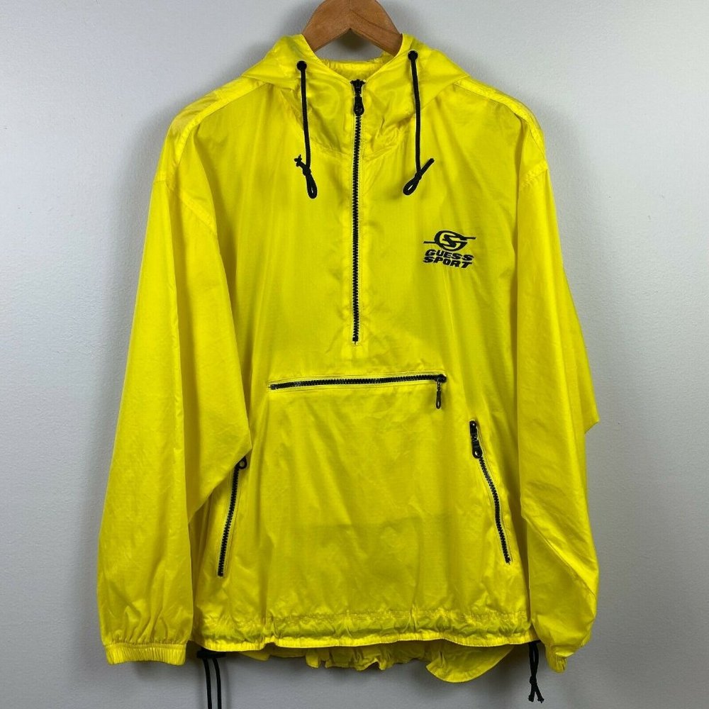 Guess Sport Windbreaker Jacket S Mens 90s Anorak Hood Yellow Spell‎ Out